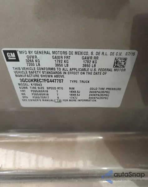 2015 Chevrolet Silverado K1500 Lt from USA, damaged, VIN 3GCUKREC7FG447707